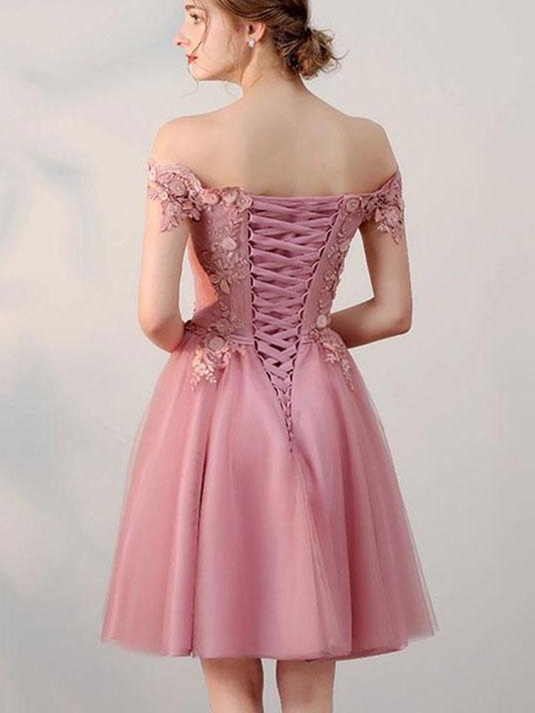 Pink Off Shoulder Lace Homecoming Dress