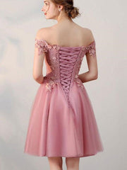 Pink Off Shoulder Lace Homecoming Dress