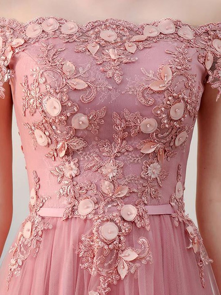 Pink Off Shoulder Lace Homecoming Dress