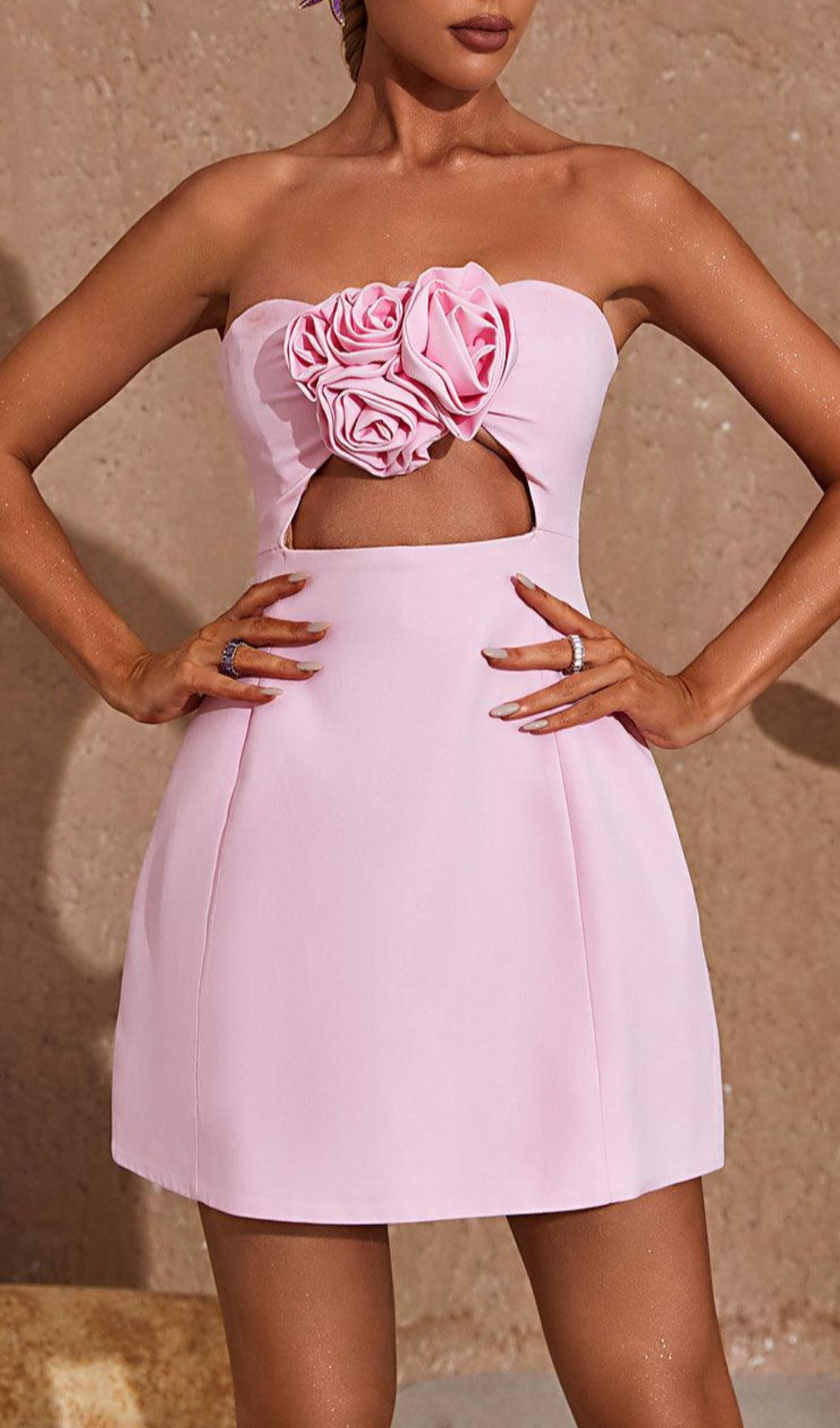 Blush Bloom Strapless Cutout Mini Dress with 3D Roses