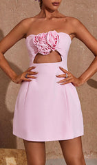 Blush Bloom Strapless Cutout Mini Dress with 3D Roses