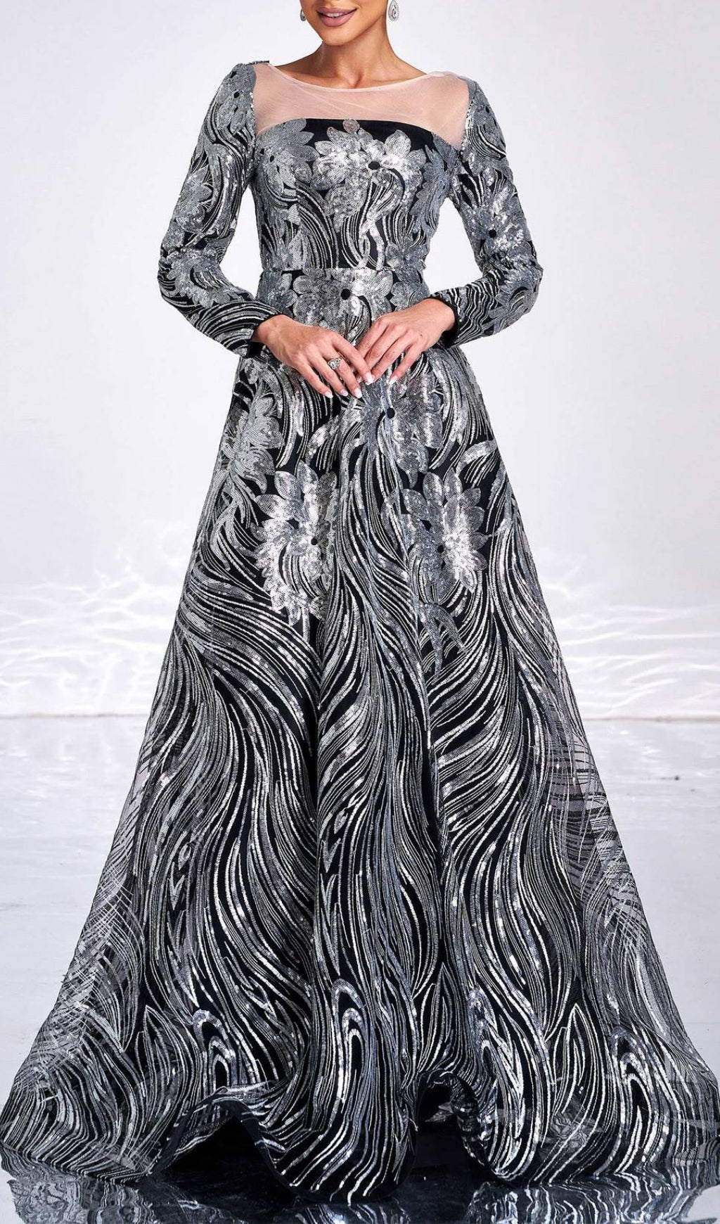 Charae Glamorous Silver Sequin Long Sleeve Maxi Gown