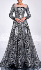 Charae Glamorous Silver Sequin Long Sleeve Maxi Gown