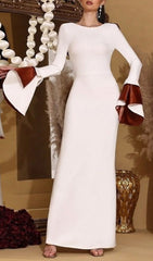 Hadleigh Elegant White Long Sleeve Maxi Dress with Dramatic Satin Cuffs