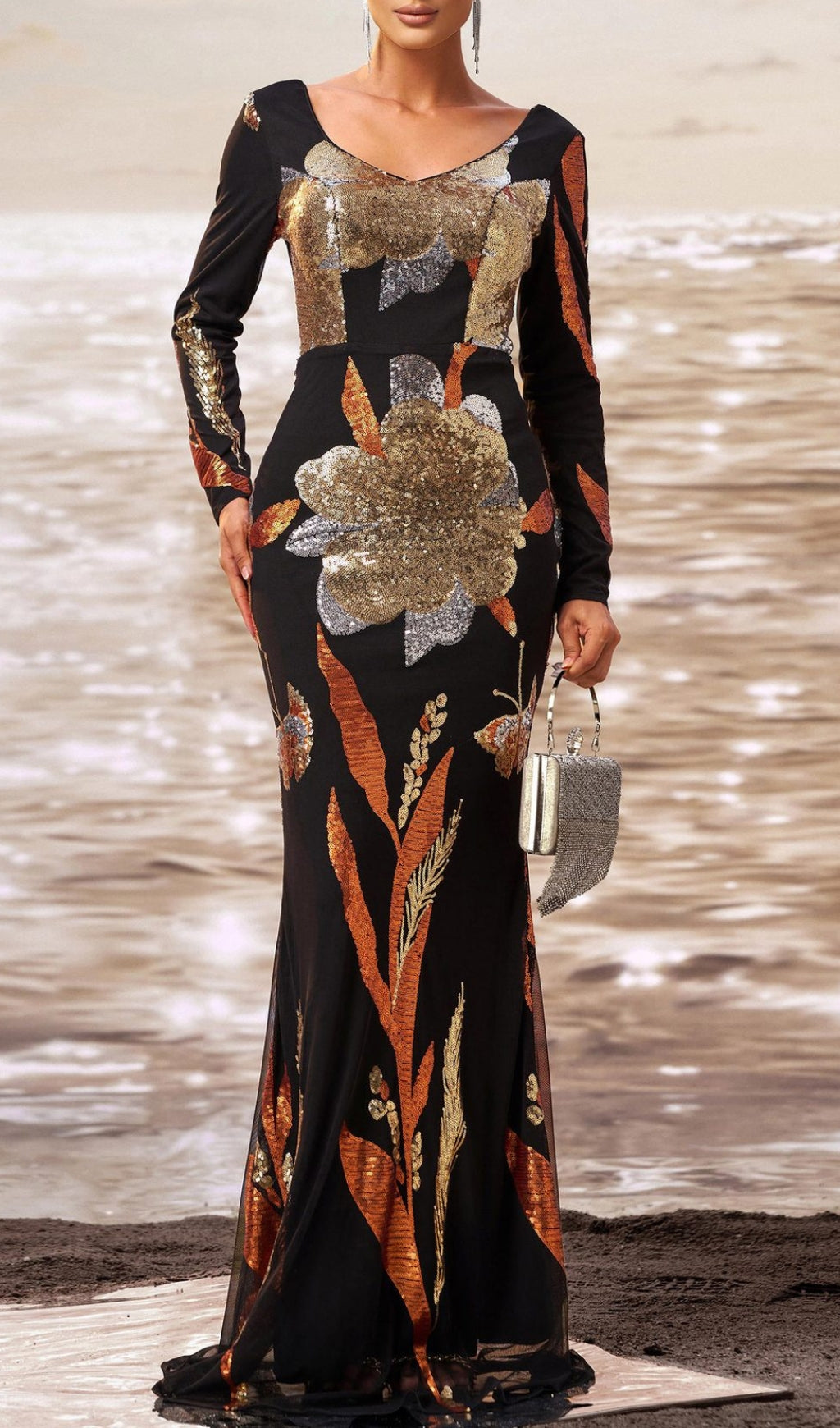 Debby Long Sleeve Sequin Evening Maxi Dress