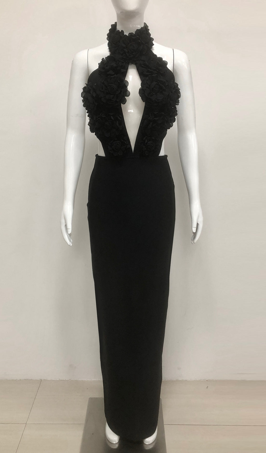 Black Halter Neck Floral Applique Maxi Dress