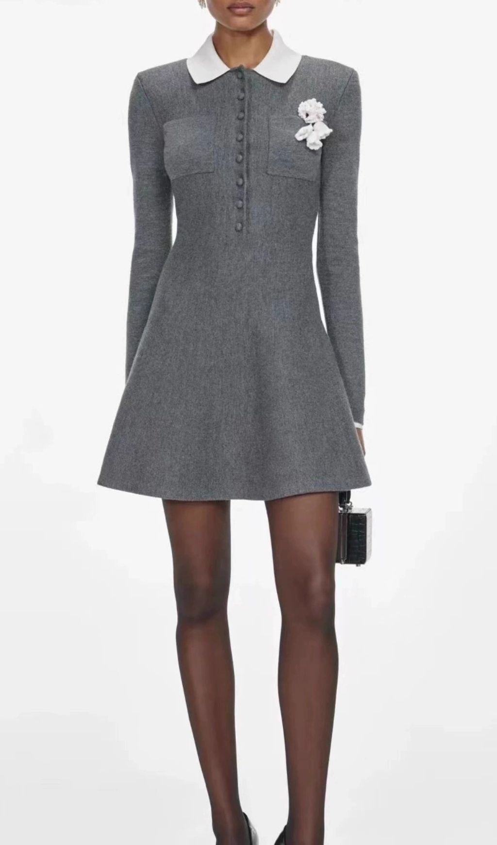 Hlio Chic Grey Knit Sweater Mini Dress with Peter Pan Collar
