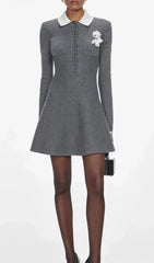 Hlio Chic Grey Knit Sweater Mini Dress with Peter Pan Collar