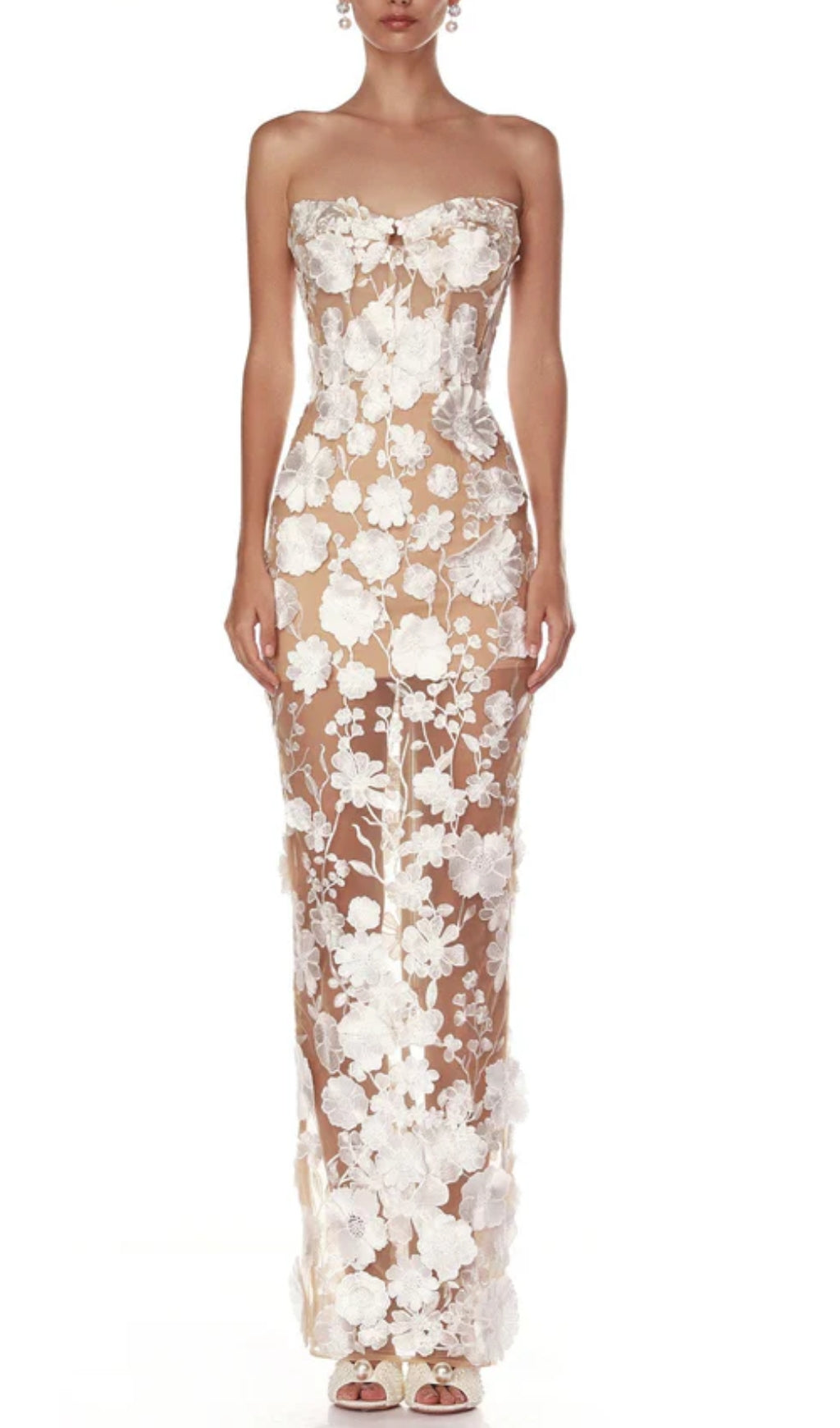 Decla Enchanting White 3D Floral Illusion Strapless Maxi Gown