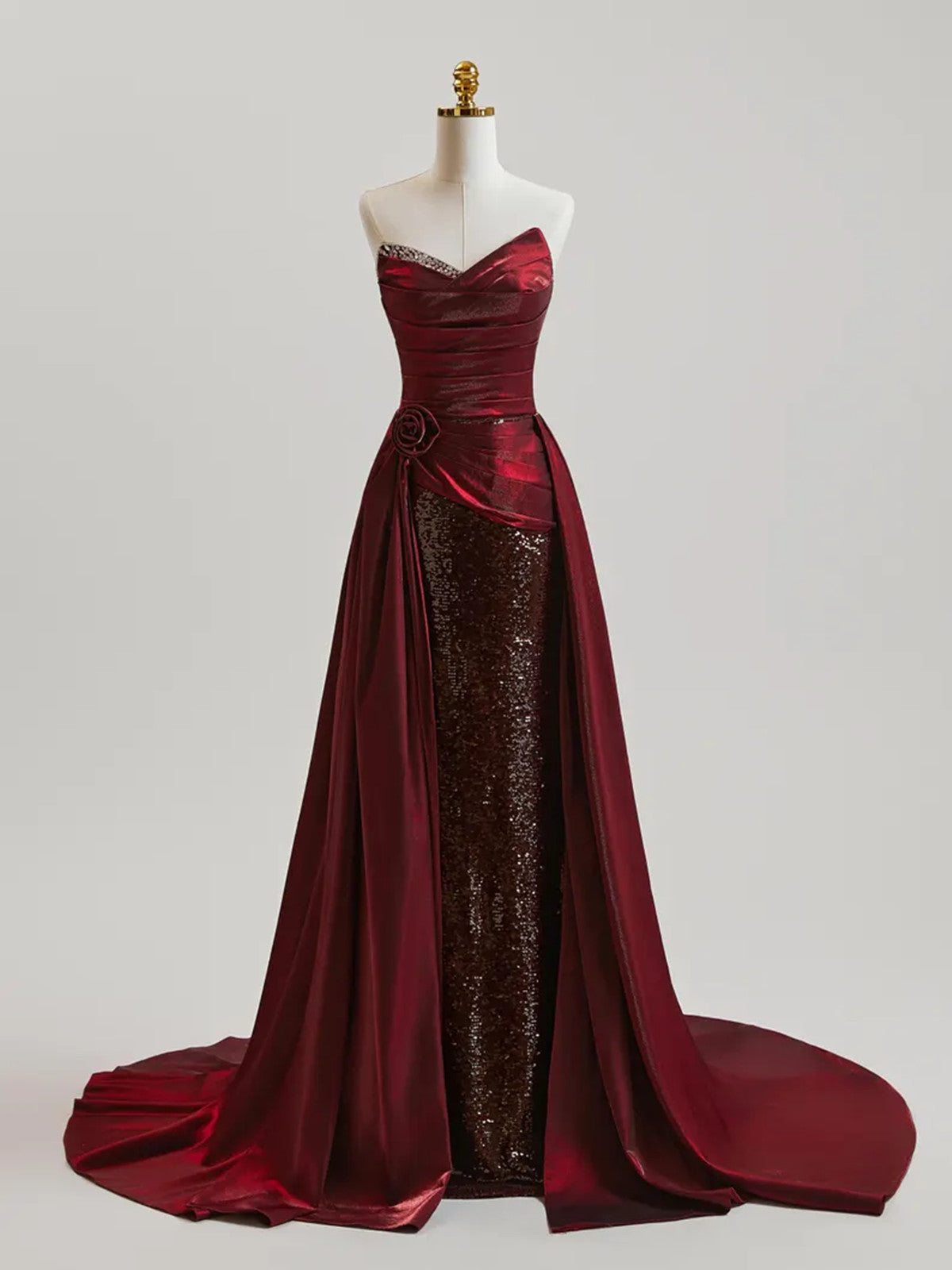 Wine Red Satin and Sequins Long Strapless Party Dress