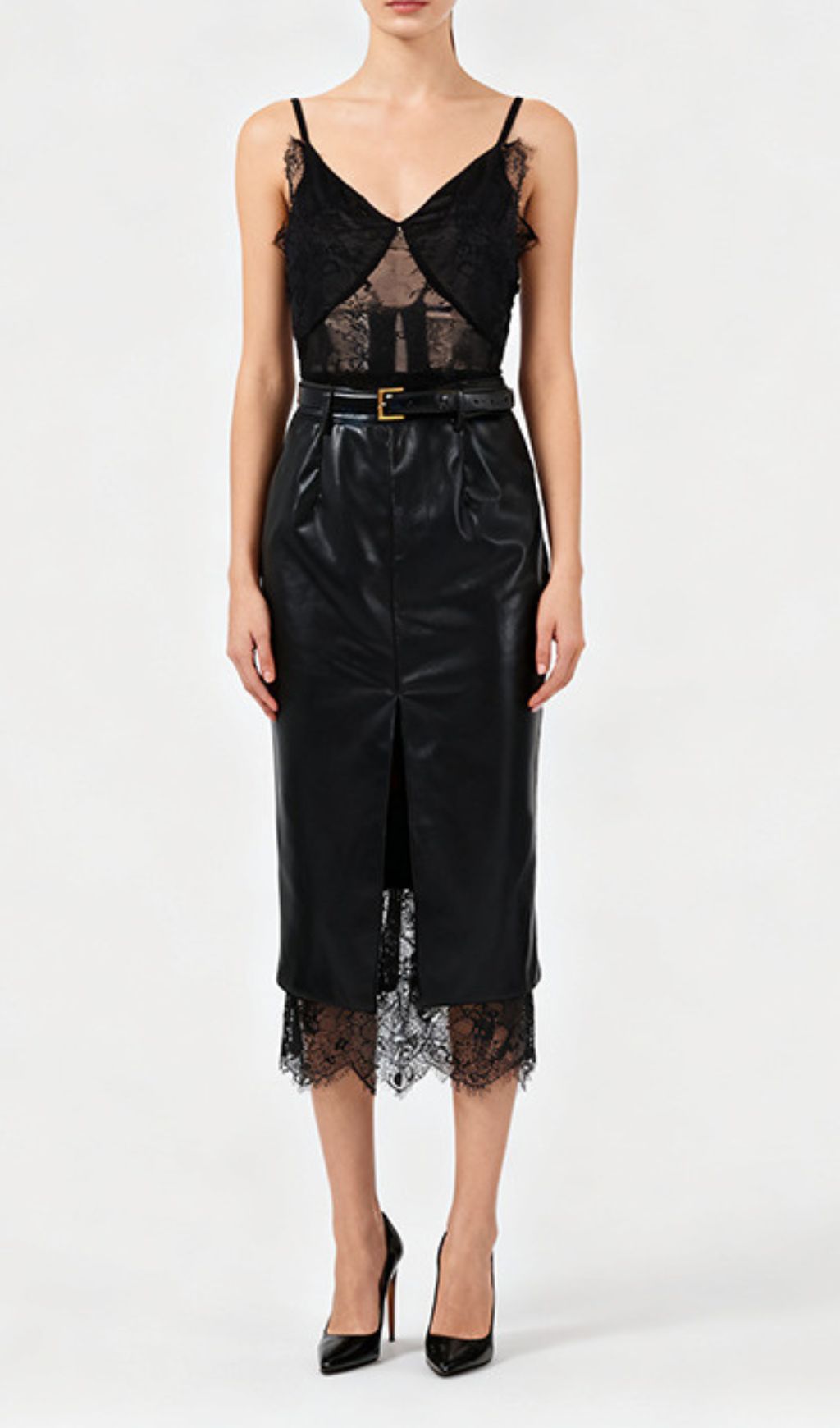 Ilta Black Lace & Vegan Leather Midi Dress