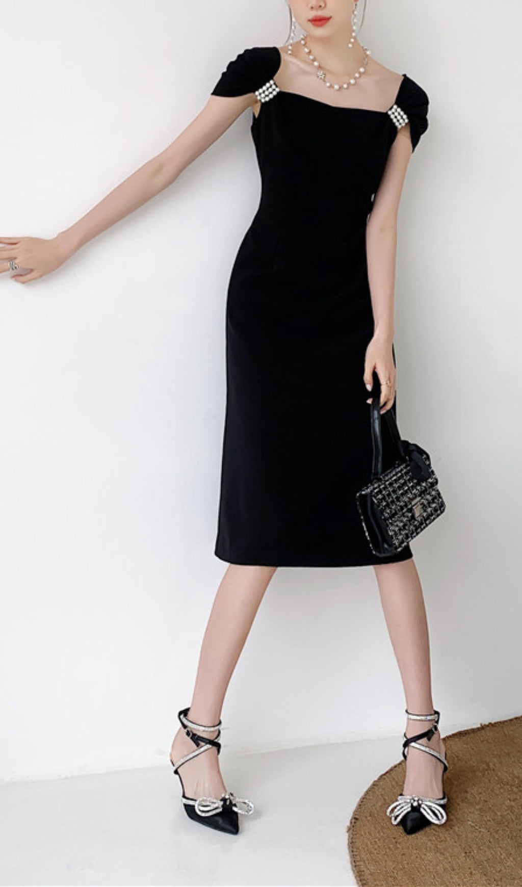 Elegant Black Pearl-Embellished Midi Dress