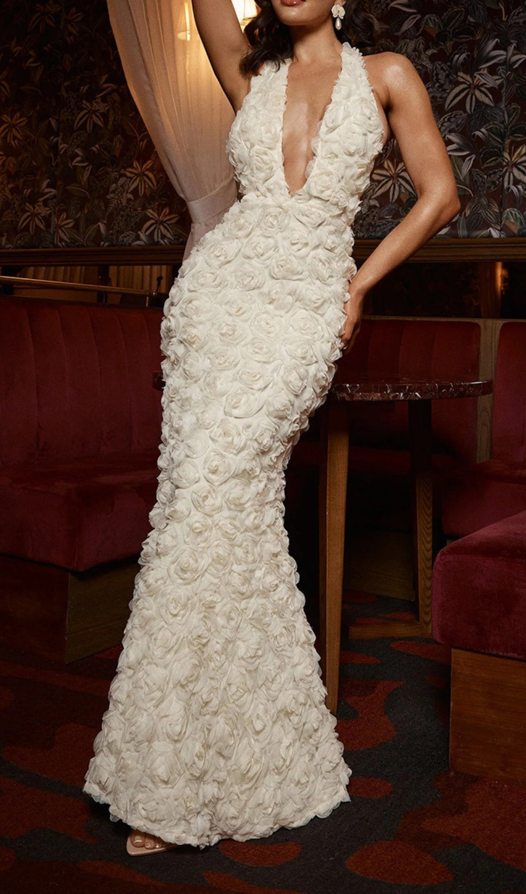 Dorika Exquisite White 3D Floral Halter Gown