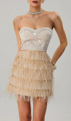 Jagtopa Strapless Rhinestone Feather Fringe Mini Dress