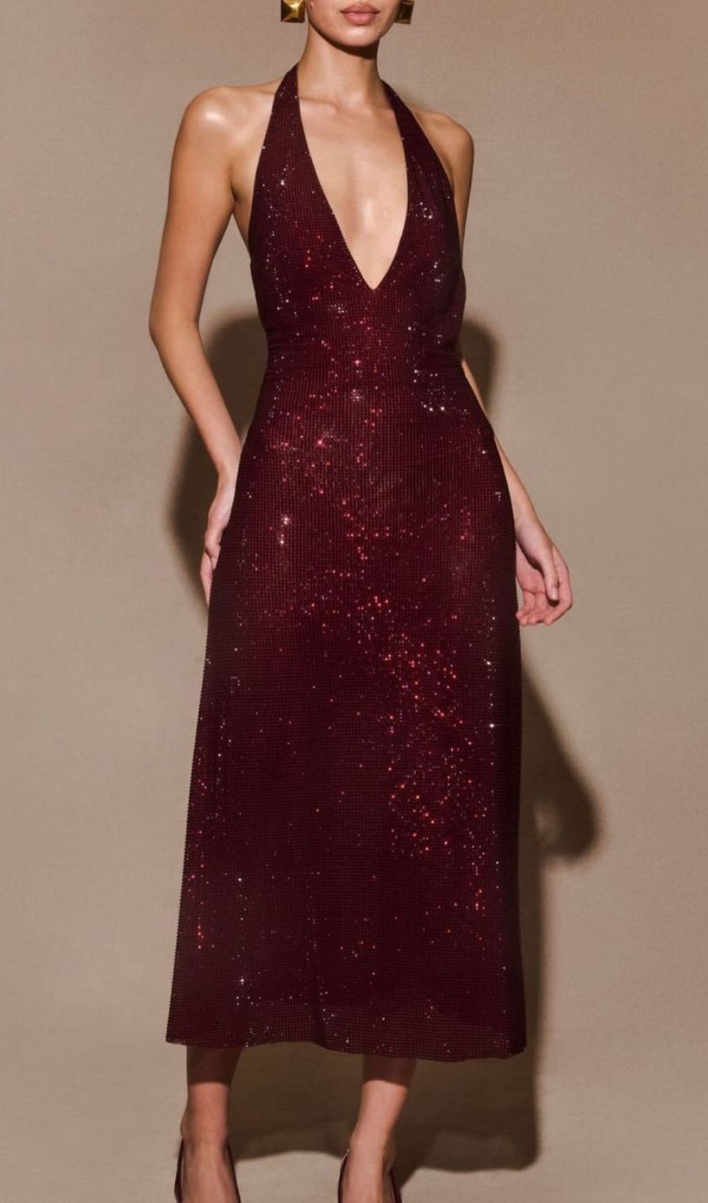 Jayne Dazzling Red Sequin Halter Backless Midi Dress