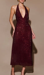 Jayne Dazzling Red Sequin Halter Backless Midi Dress