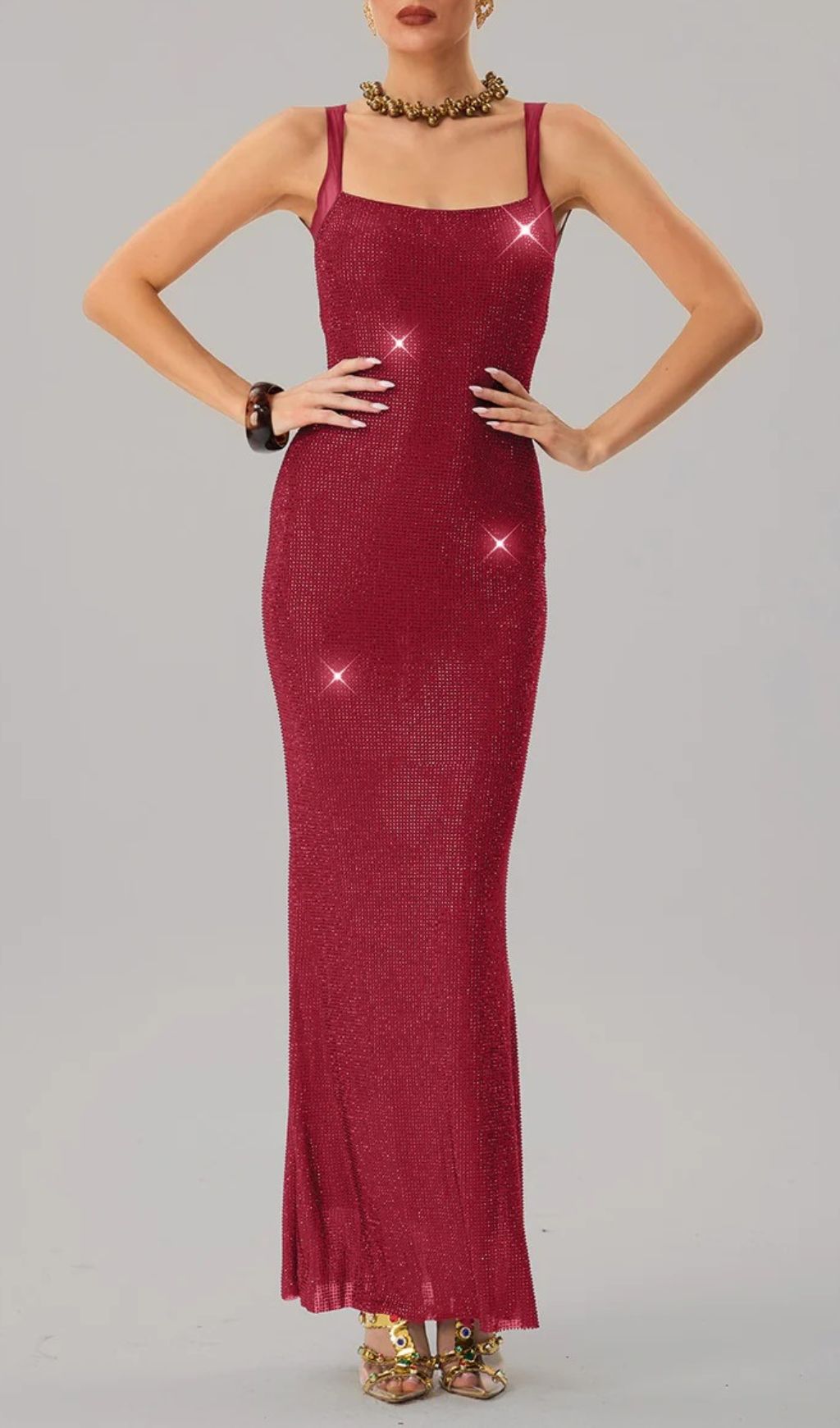Dazzling Red Rhinestone Backless Maxi Dress