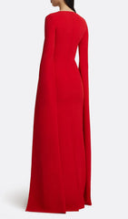 Ellera Red Embellished Maxi Gown with Elegant Cape Sleeves