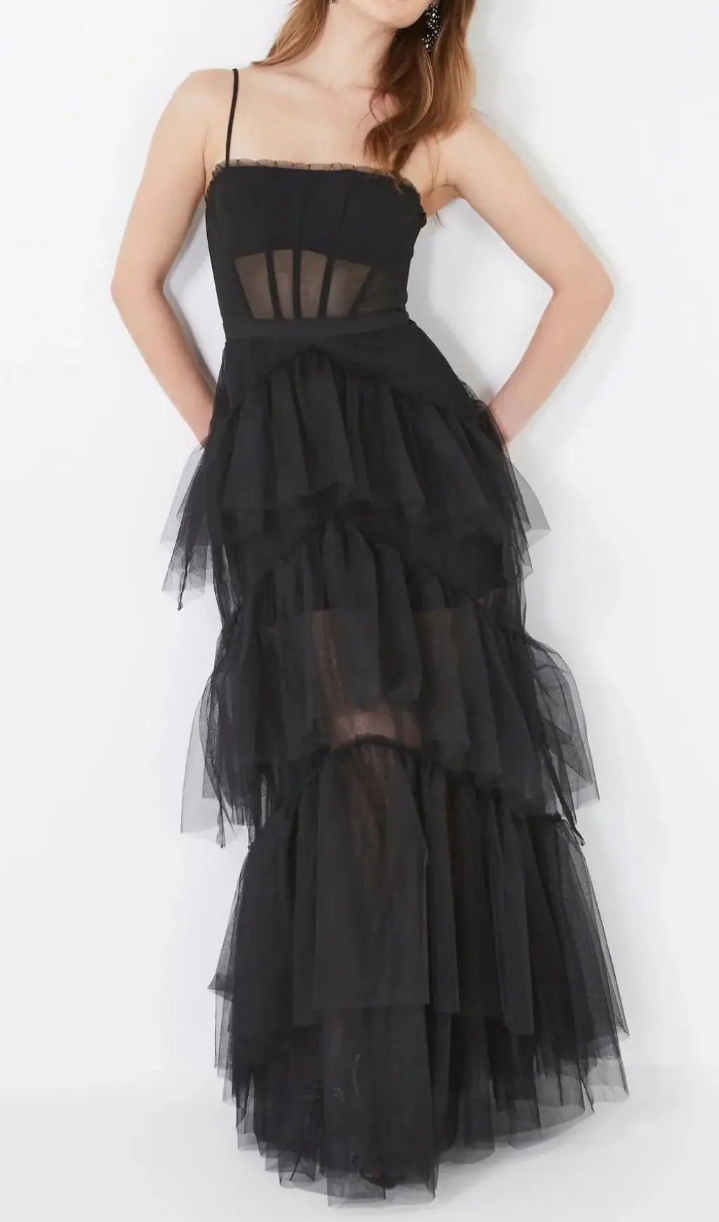 Glamorous Corset Bodice Tiered Ruffle Tulle Maxi Evening Dress