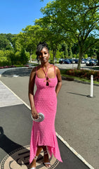 Bakwina Glamorous Pink Pearl Sequin Halter Maxi Dress