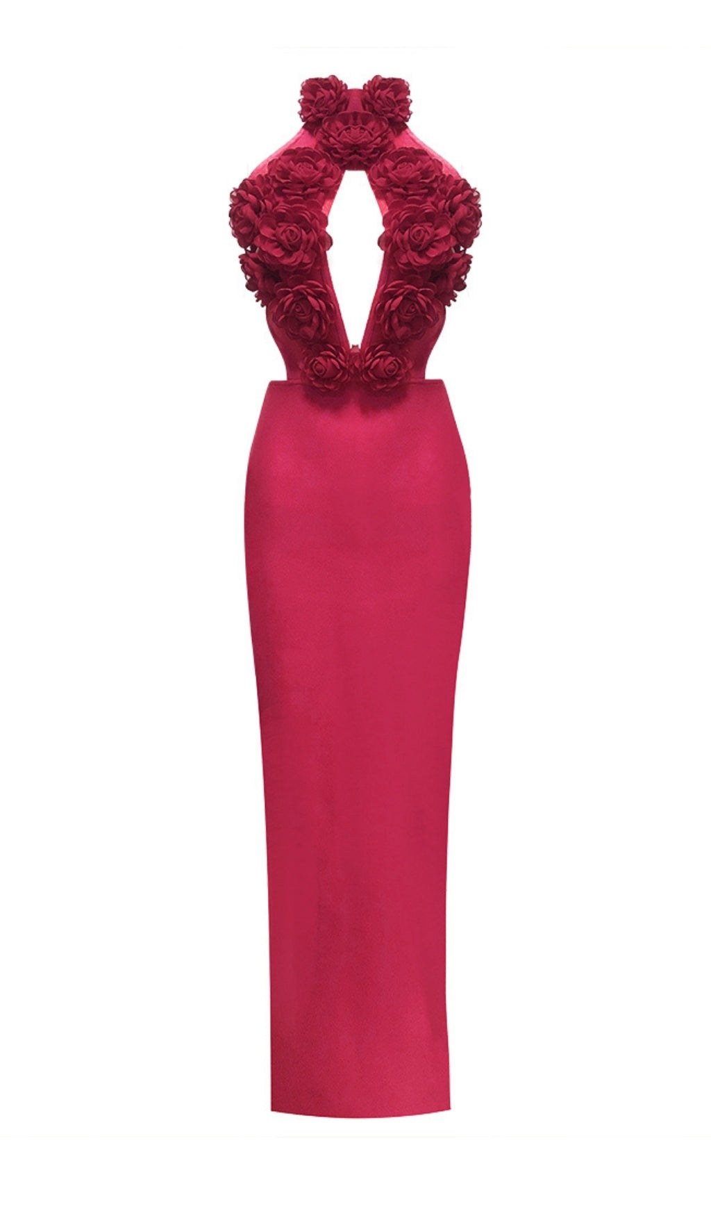 Showstopping Fuchsia 3D Floral Halter Neck Bandage Maxi Dress