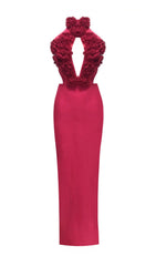 Showstopping Fuchsia 3D Floral Halter Neck Bandage Maxi Dress
