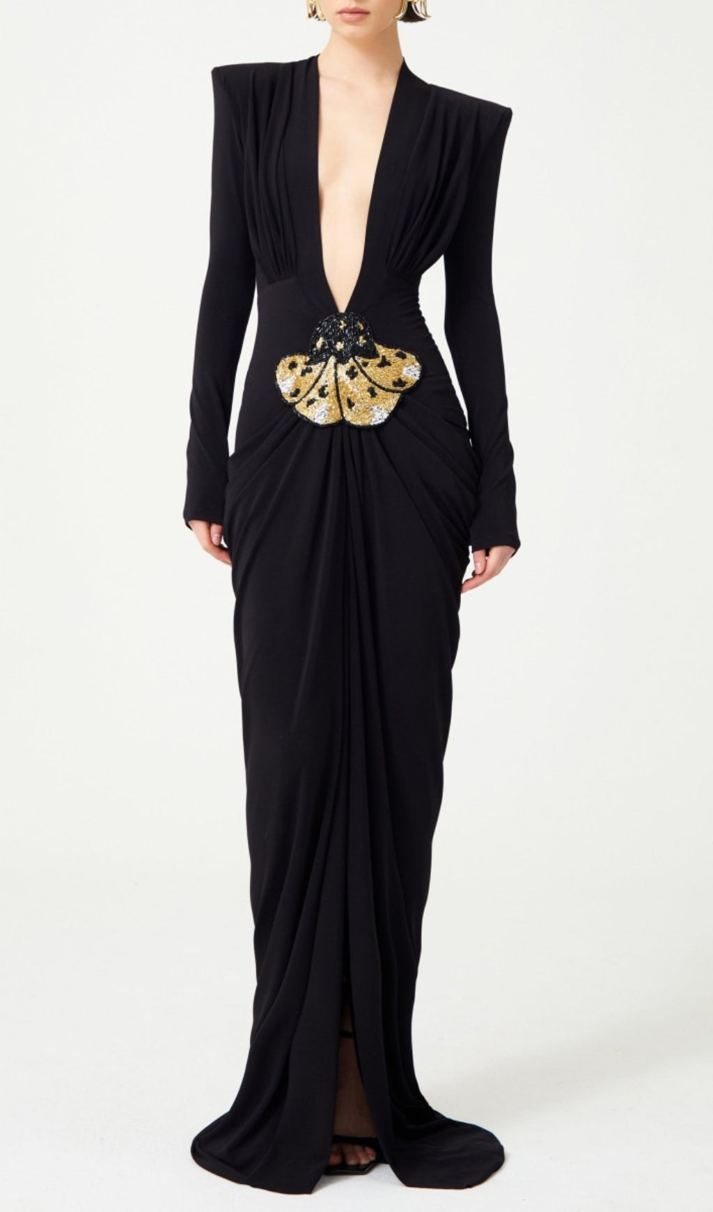 Ceana Black Deep-V Long Sleeve Maxi Dress