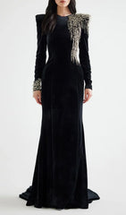 Jovia Black Velvet Beaded Maxi Gown