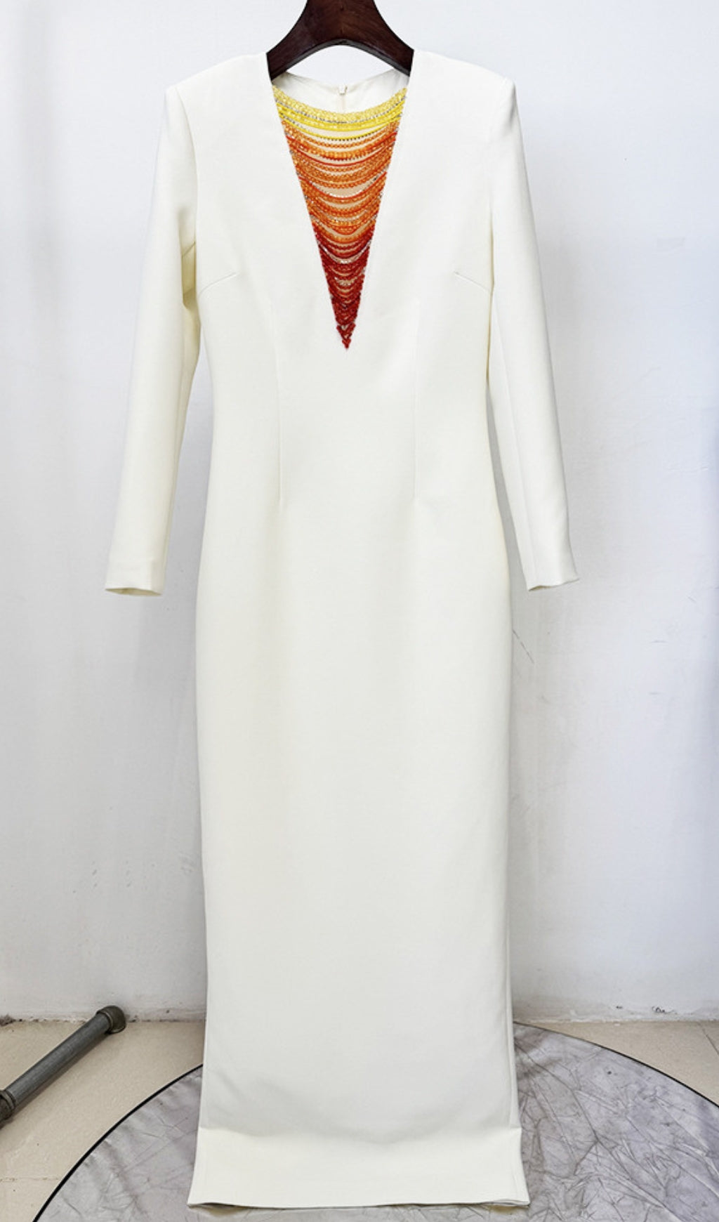 Eusebia Ivory Beaded Plunge Neck Long Sleeve Maxi Dress