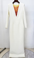 Eusebia Ivory Beaded Plunge Neck Long Sleeve Maxi Dress