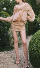 Dagmar Glimmering Khaki Off-Shoulder Rhinestone Mini Dress