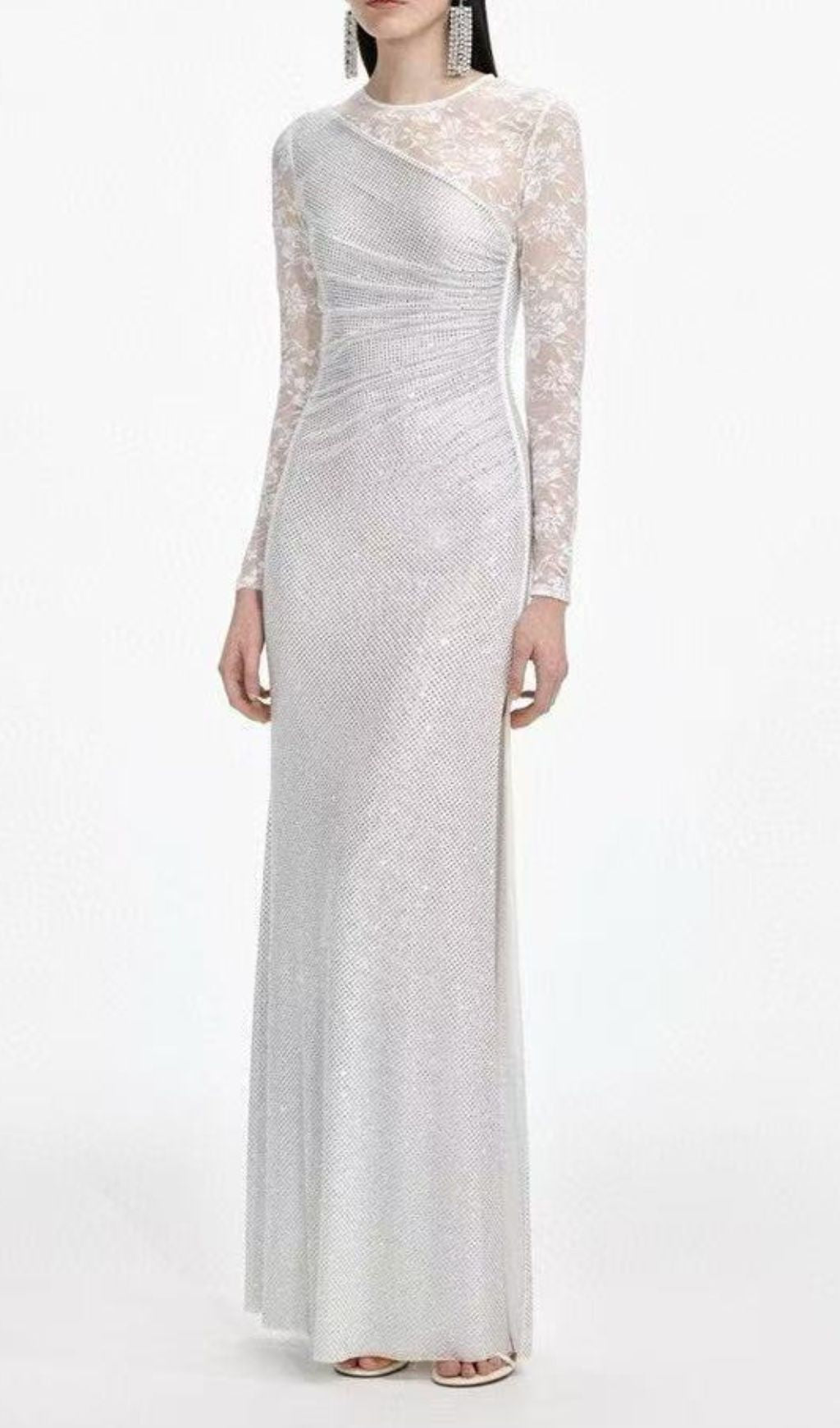 Raerion Dazzling White Rhinestone Lace Maxi Gown