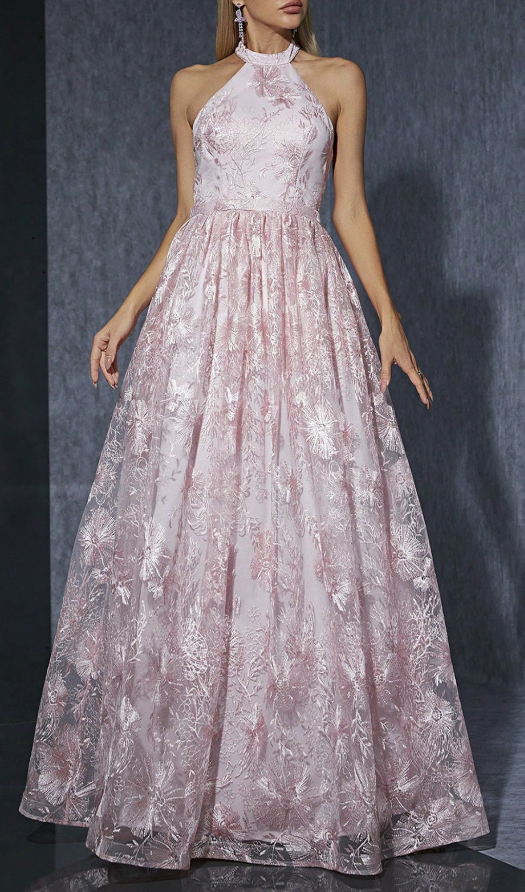 Dolores Elegant Pink Halter Embroidered Maxi Gown