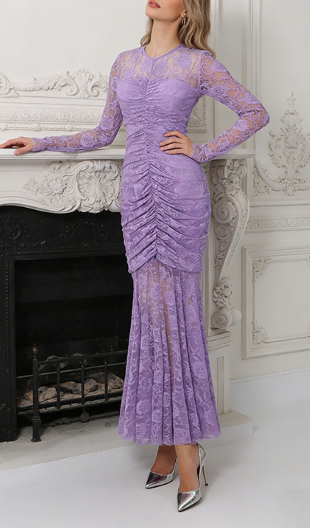 Kacey Elegant Purple Floral Lace Long Sleeve Maxi Dress