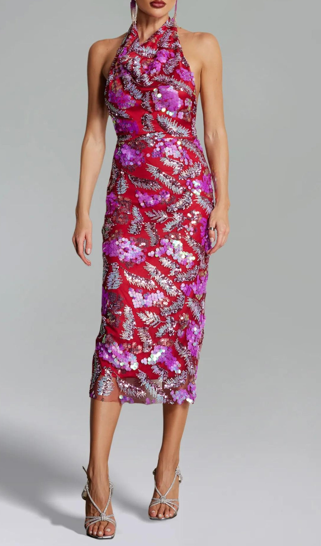 Dazzling Red & Purple Bass Sequin Halter Midi Dress