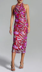 Dazzling Red & Purple Bass Sequin Halter Midi Dress