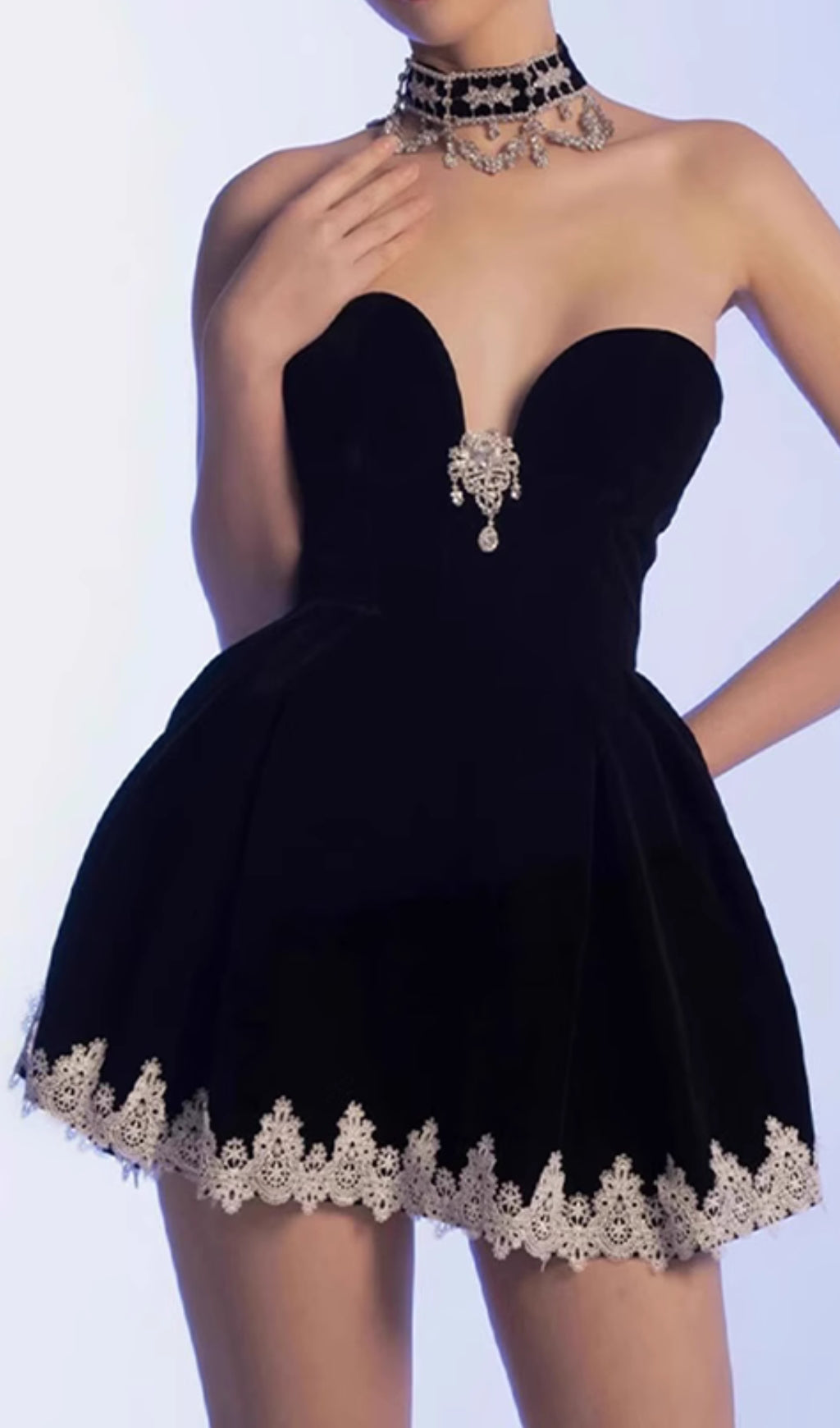 Eirene Black Lace & Crystal Embellished Mini Dress