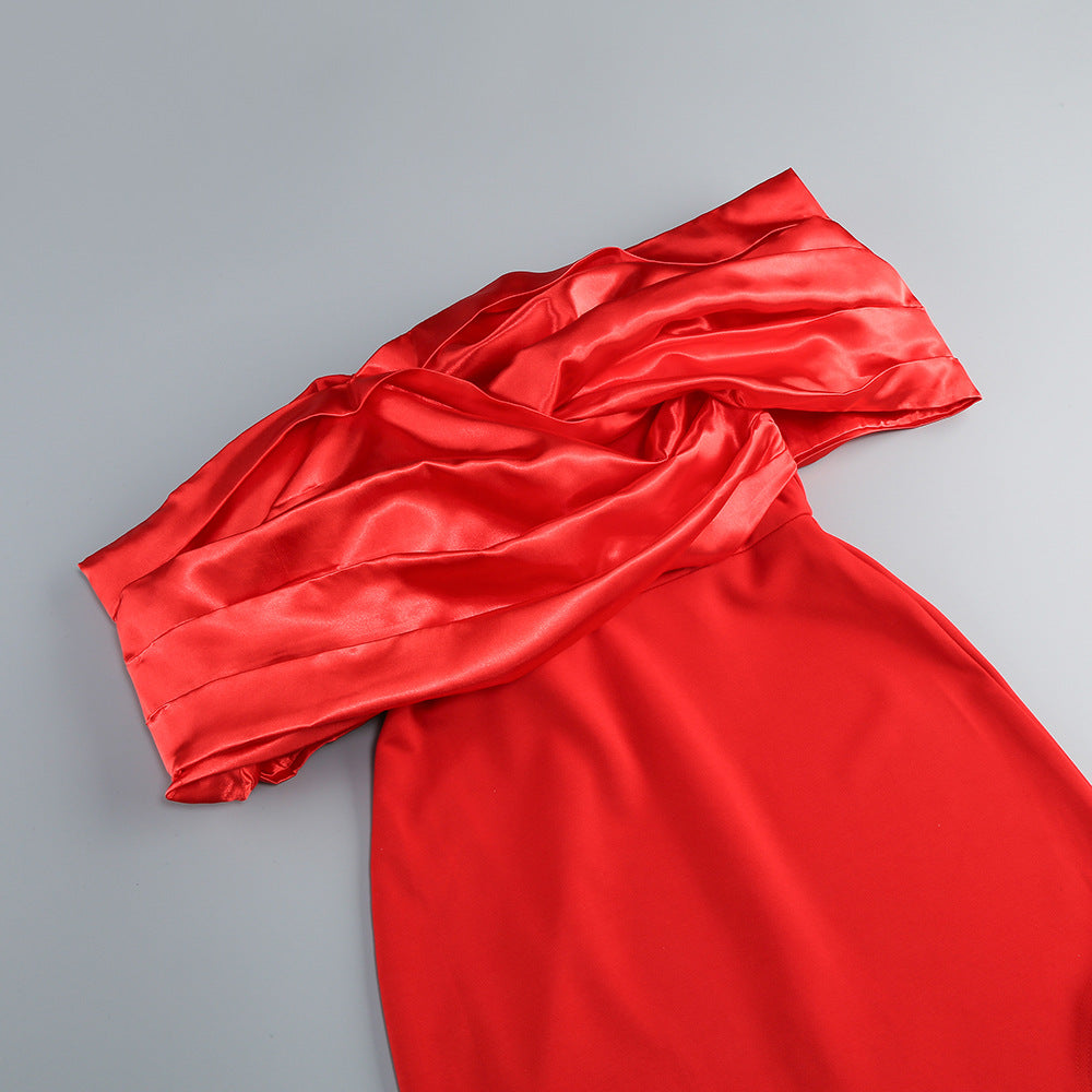 Jonilde Glamorous Red Off-Shoulder Maxi Dress with High Slit