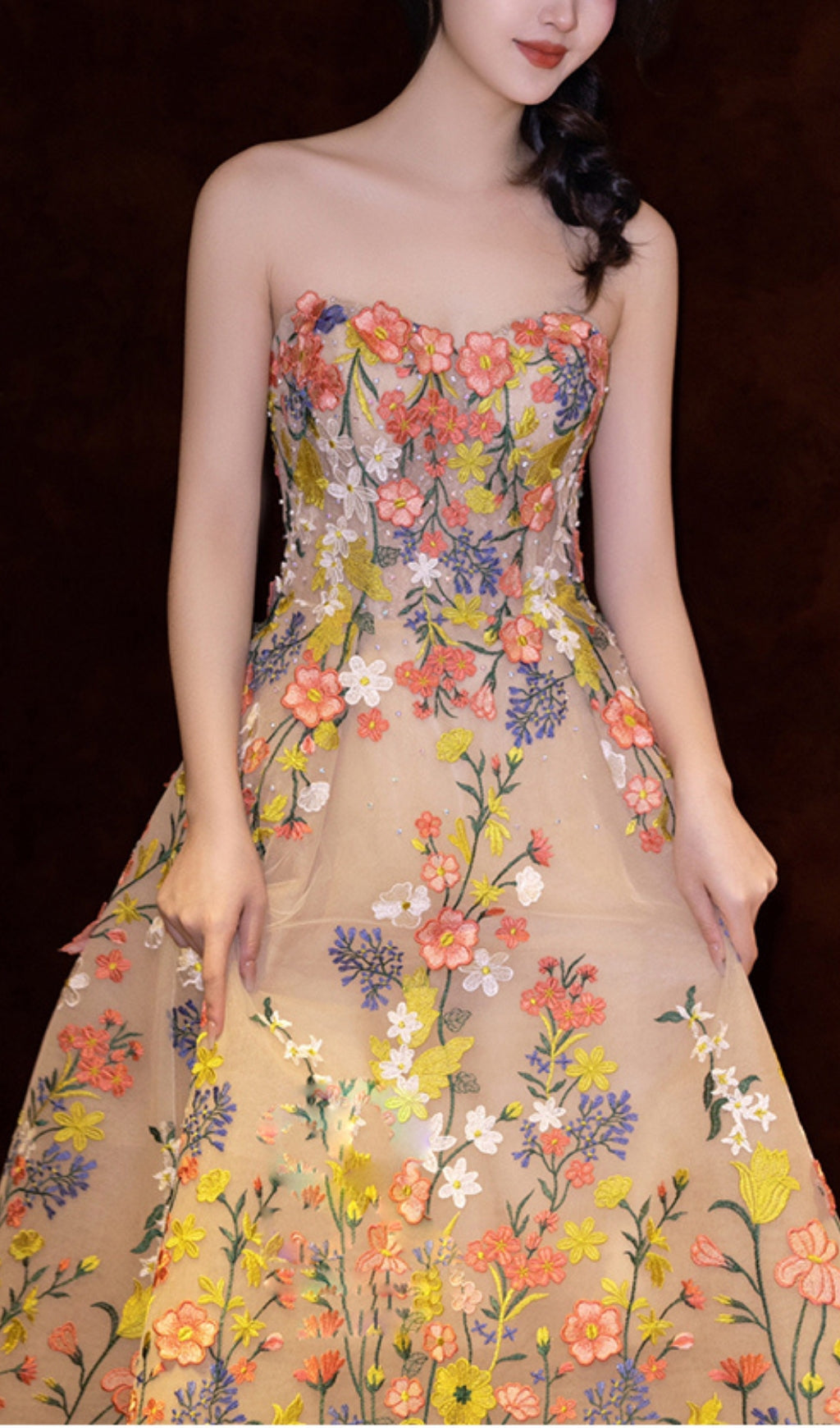 Enchanted Garden Strapless Floral Embroidered Tea Length Midi Dress