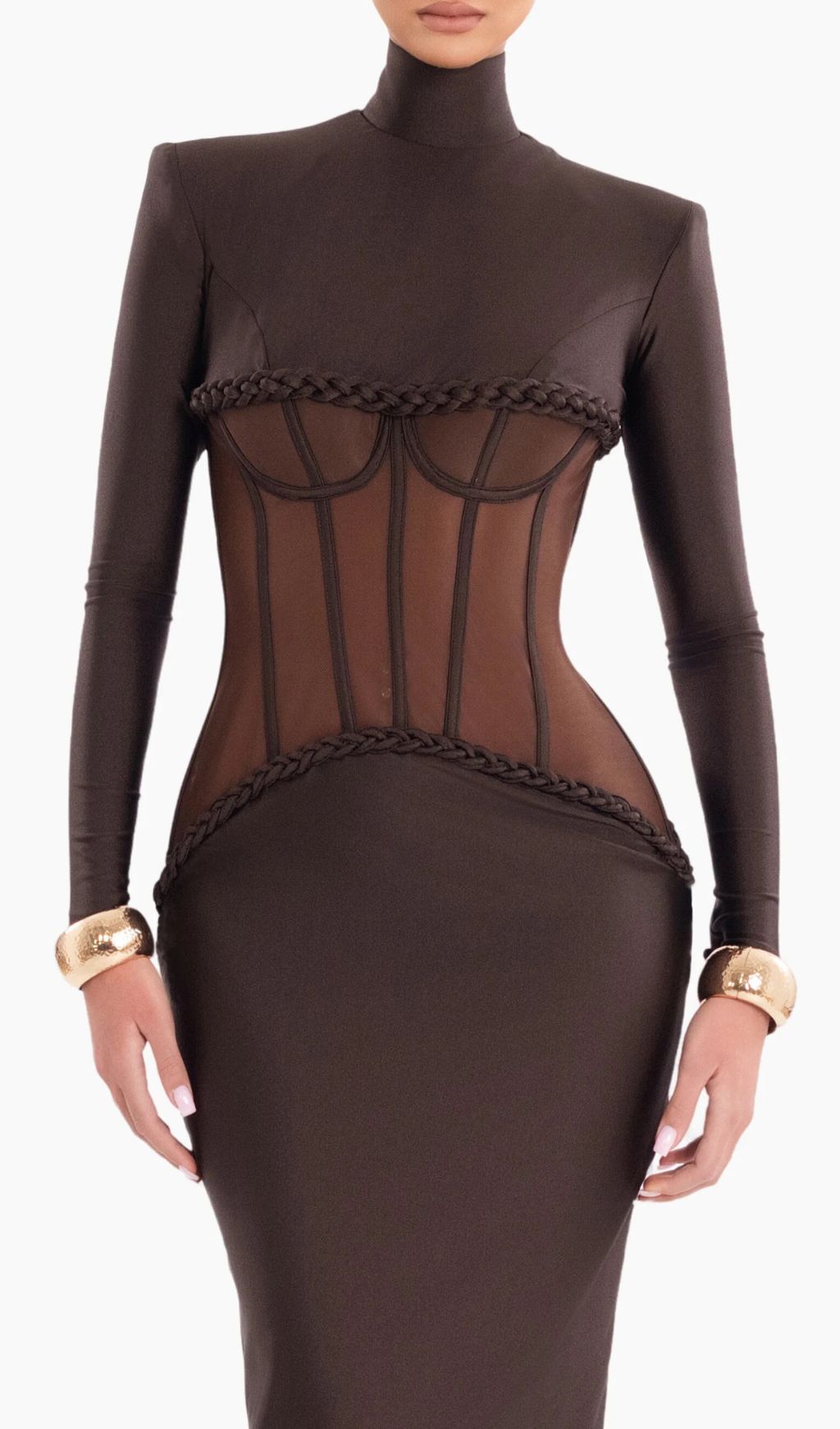 Gravity Coffee Sculpted Corset Long Sleeve Maxi Dress