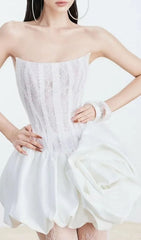 Irene White Strapless Corset Mini Dress with Floral Bubble Skirt