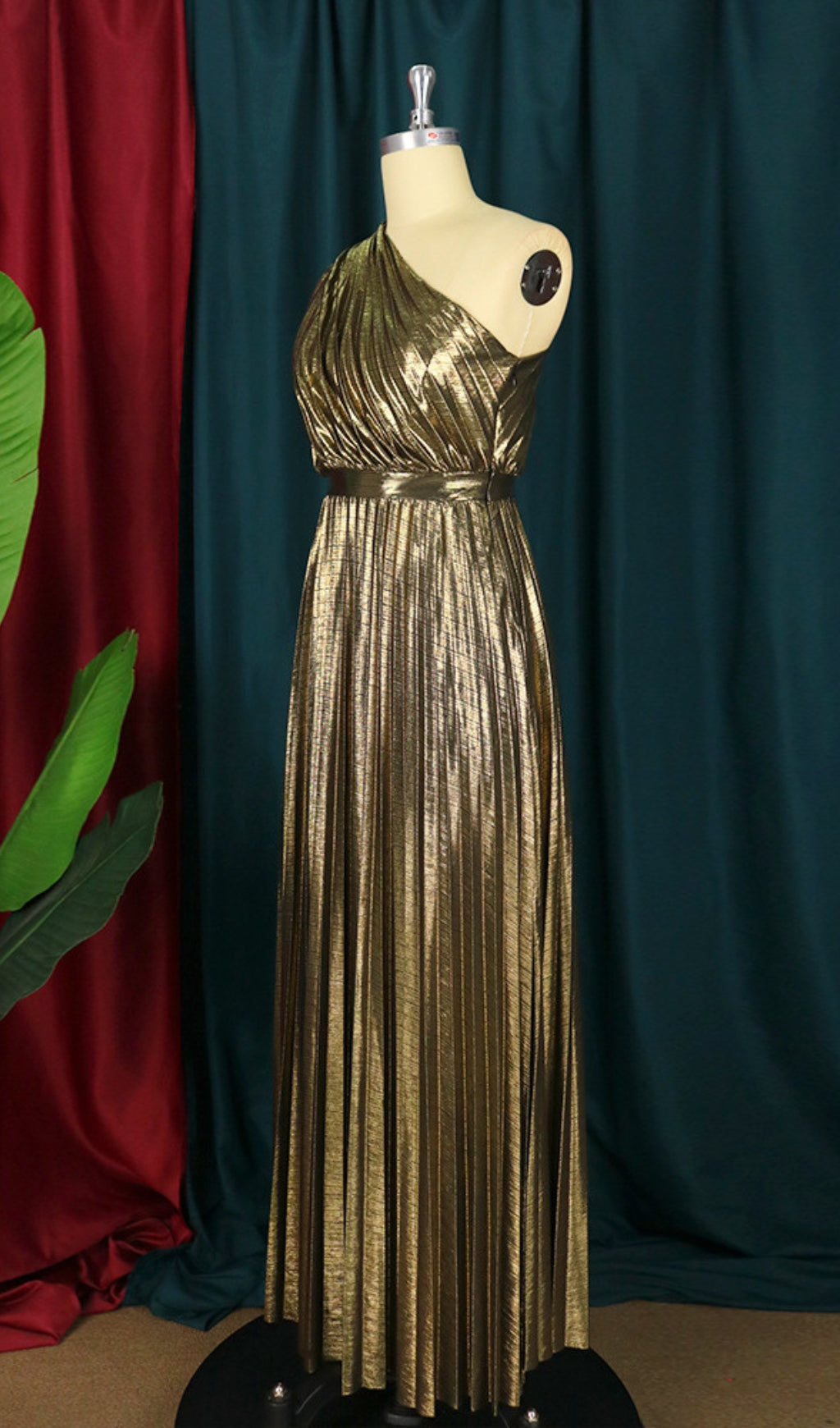 Glamorous Gold Pleated One-Shoulder Maxi Dress