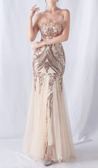 Glamorous Champagne Sequin & Feather Strapless Mermaid Gown