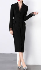 Chic Long Sleeve Blazer Midi Dress with Delicate Lace Trim
