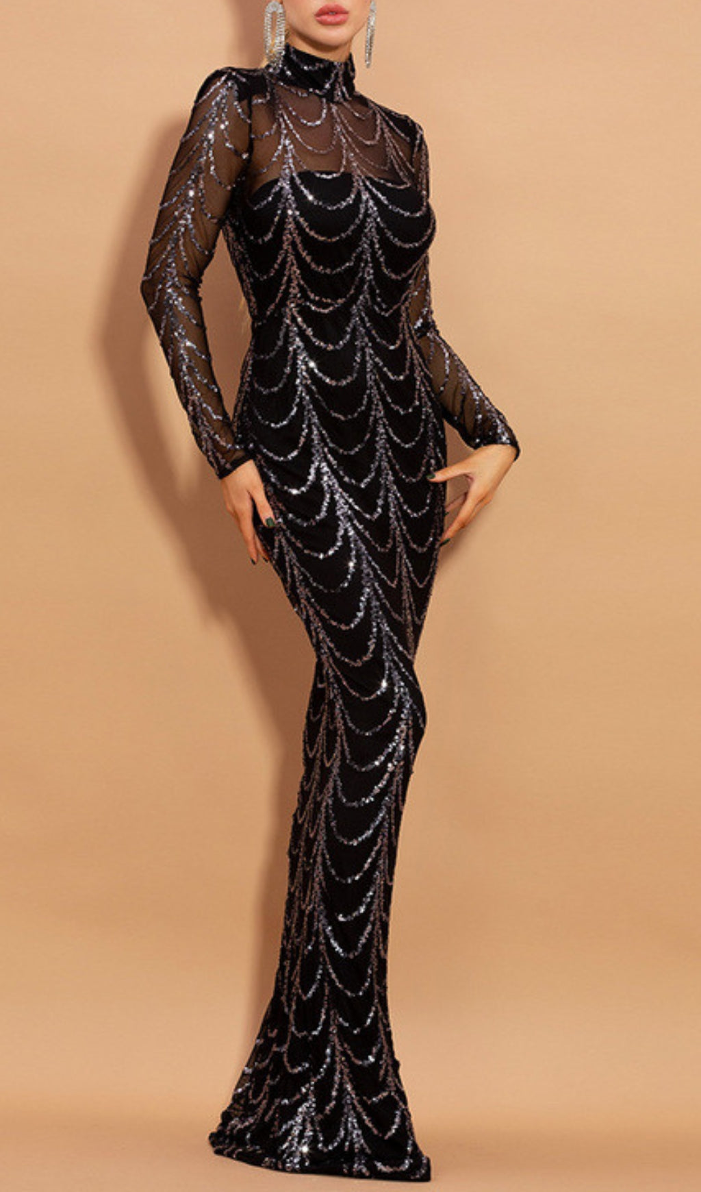 Glamorous Black Sequin Illusion Sleeve High-Neck Maxi Dress