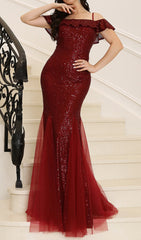 Charlee Dazzling Red Sequin Off-Shoulder Mermaid Maxi Gown