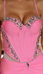 Evynne Pink Rhinestone Corset Bandage Maxi Dress