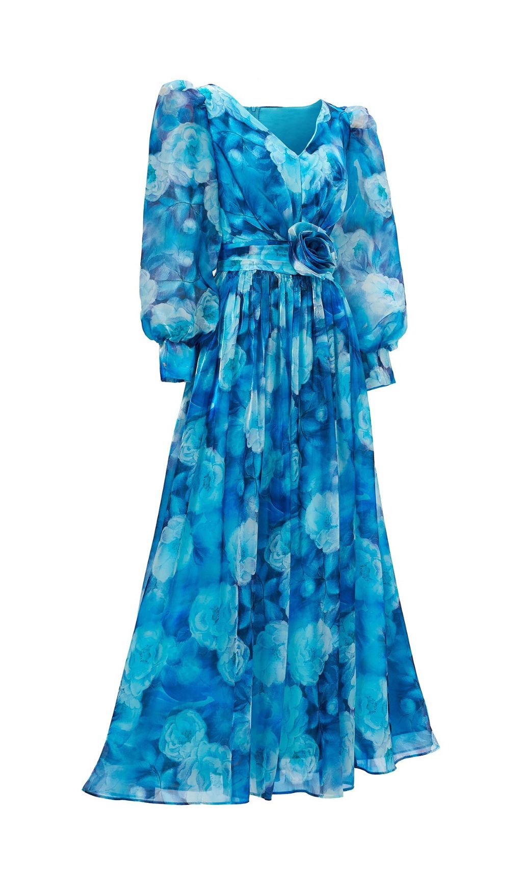Feray Blue Watercolor Floral Maxi Dress with 3D Rose Belt
