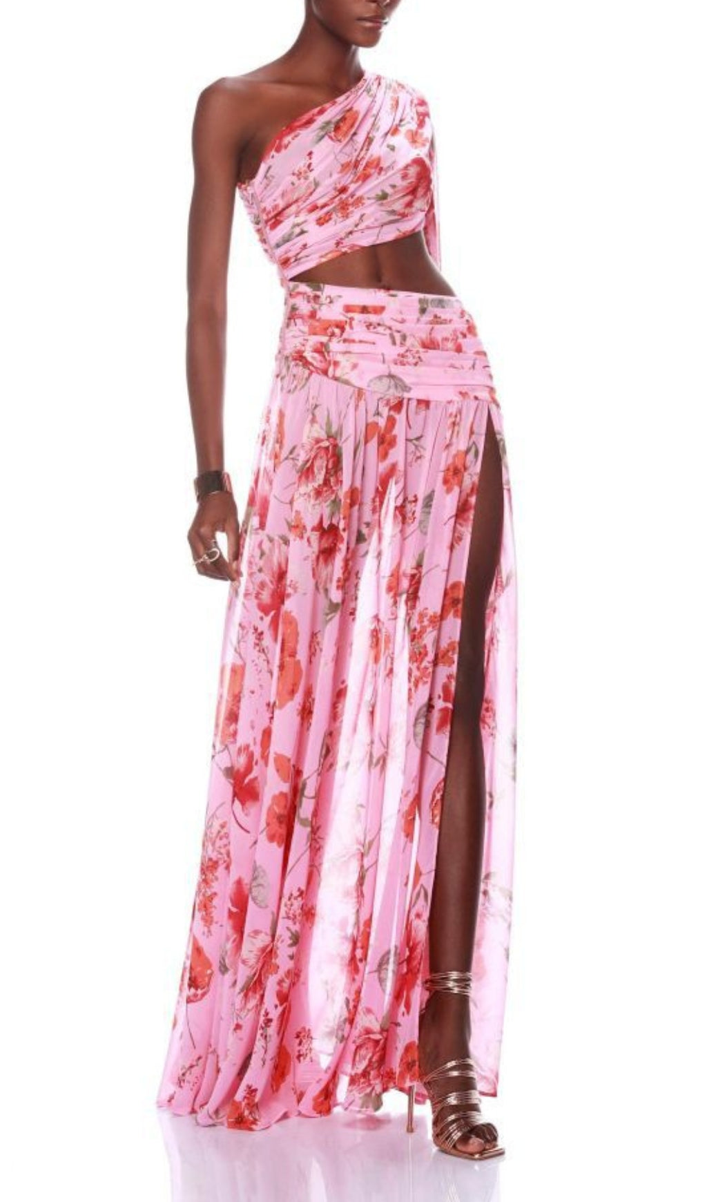 Chic Poppy Print One-Shoulder Cut-Out Maxi Gown with Slit