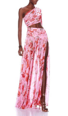 Chic Poppy Print One-Shoulder Cut-Out Maxi Gown with Slit